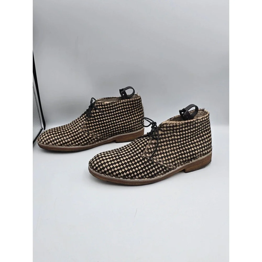 Handcrafted Houndstooth Pony Hair Desert Boots Mens Black Tan Crepe Sole YMC